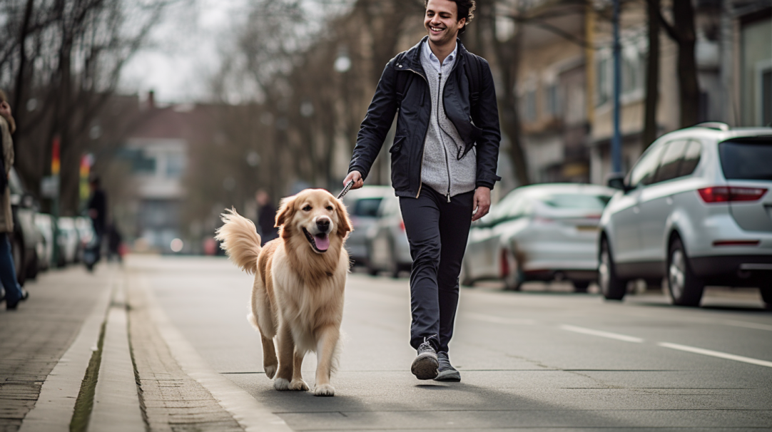 Golden retriever z poczatkującym właścicielem