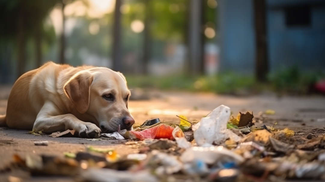 Labrador je śmieci na spacerze