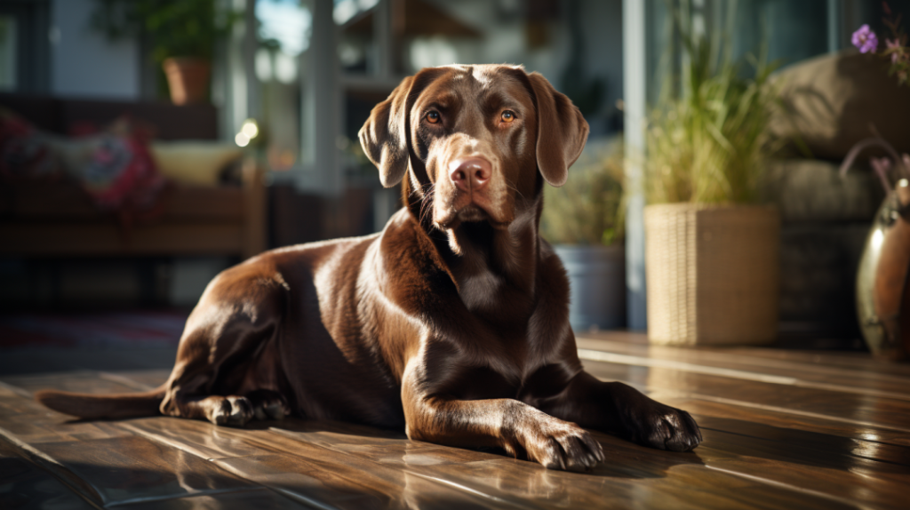 czekoladowy labrador leży na podłodze w domu