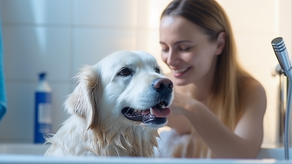 Golden retriever w kąpieli