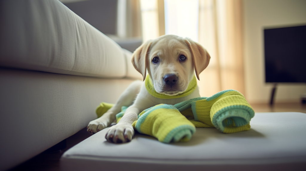 labrador szczeniak gryzie skarpetki