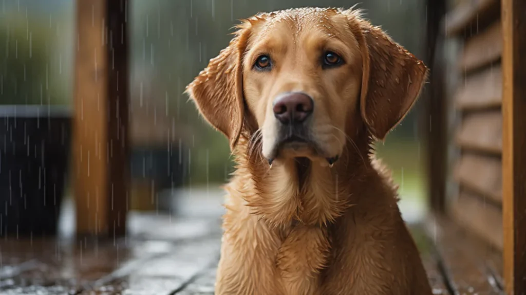 labrador w deszczu