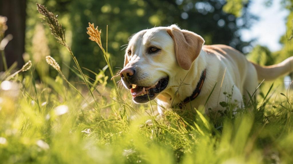 Labrador wącha trawę