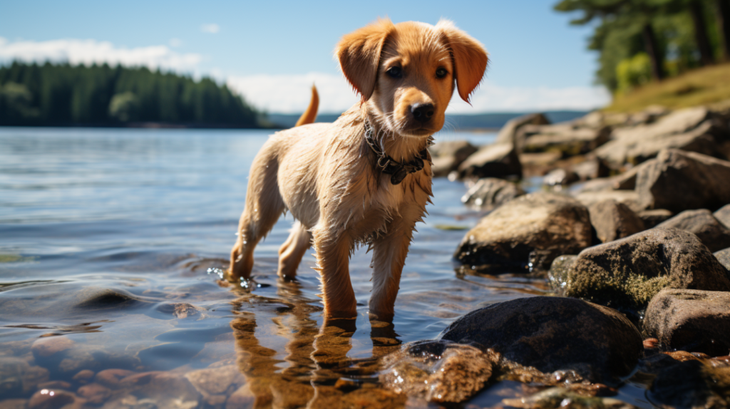 Młody labrador poznający wodę przy brzegu