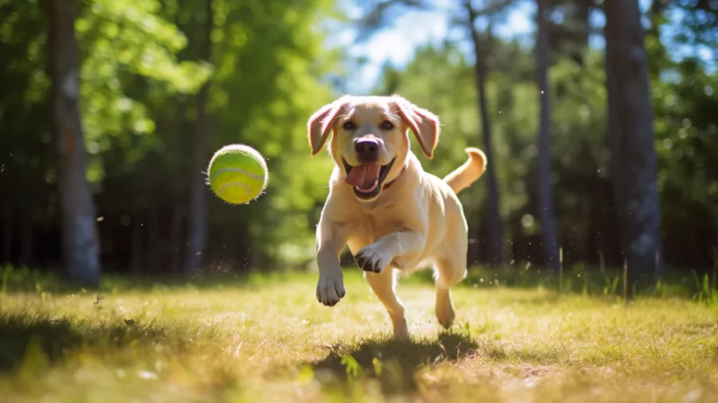 labrador szczeniak aportuje piłkę