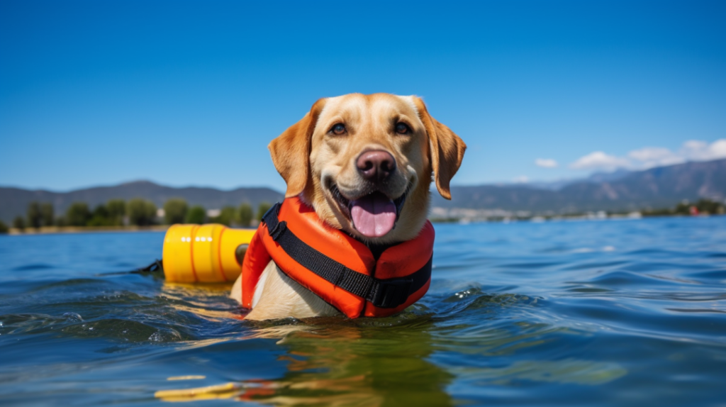 labrador pływanie w kamizelce ratunkowej