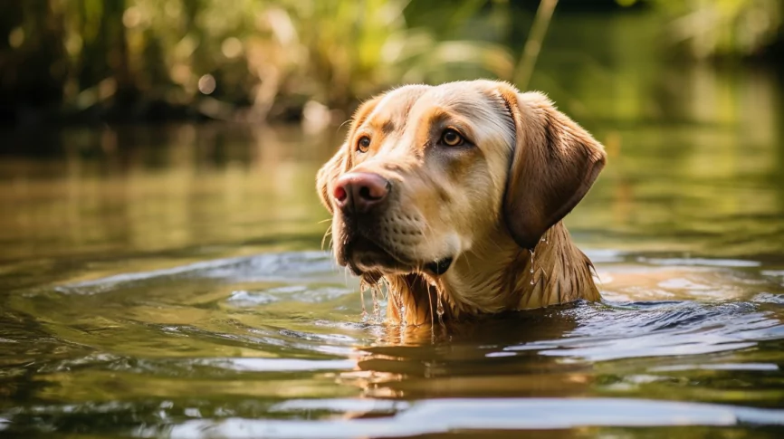 młody Labrador pływa w jeziorze