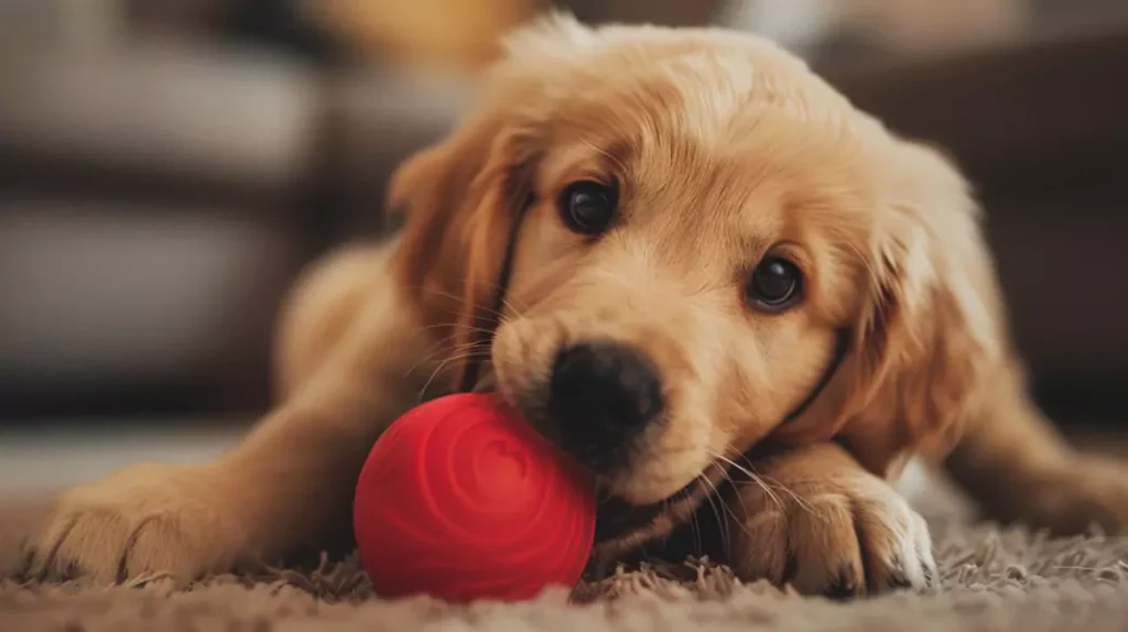 szczeniak golden retrievera gryzie piłkę