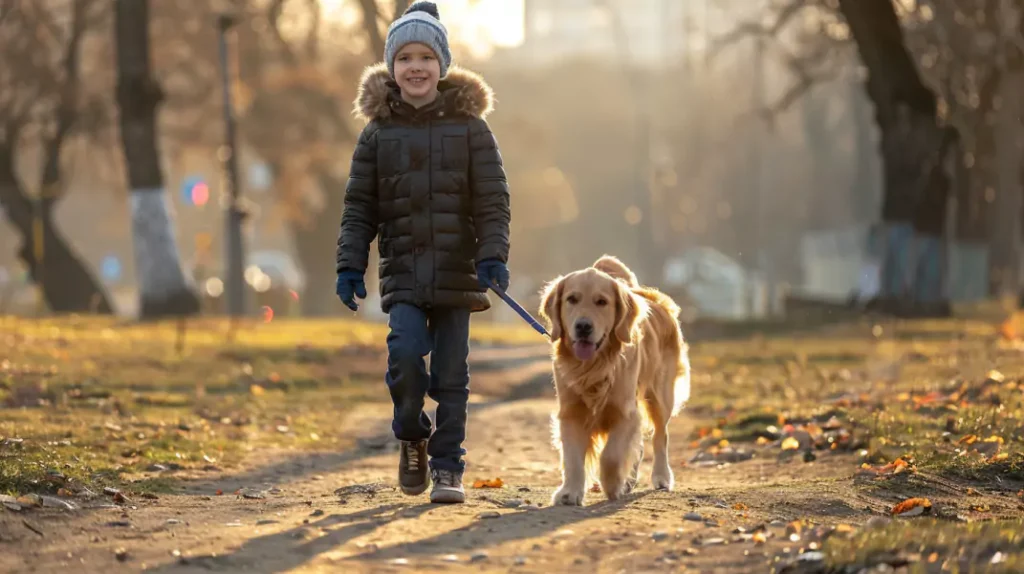 golden retriever na spacerze z dzieckiem