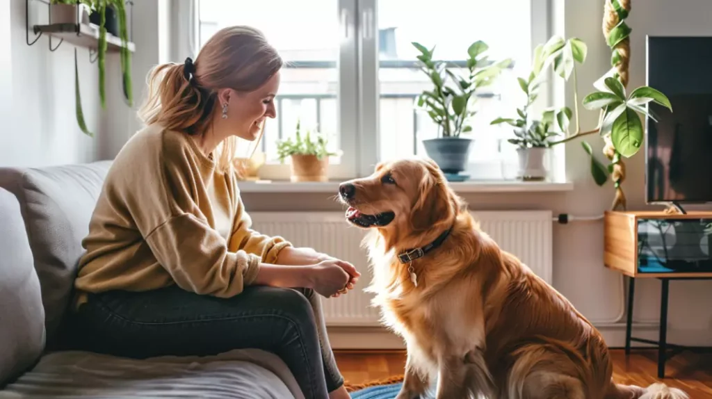 golden retriever podczas treningu w domu