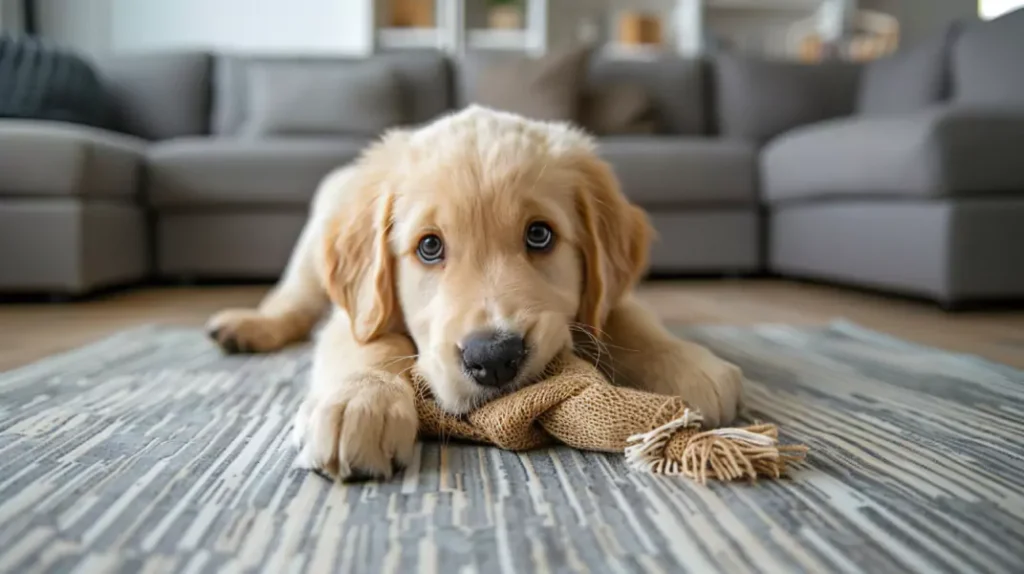 szczeniak golden retrievera gryzie skarpetki