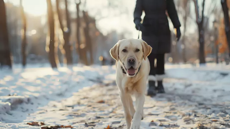 labrador na spacerze w zimie