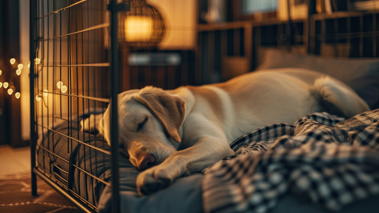 labrador śpi w kojcu, kojec dla labradora