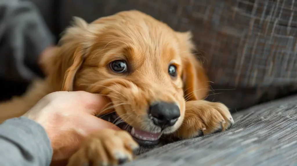 szczeniak golden retrievera gryzie rękę