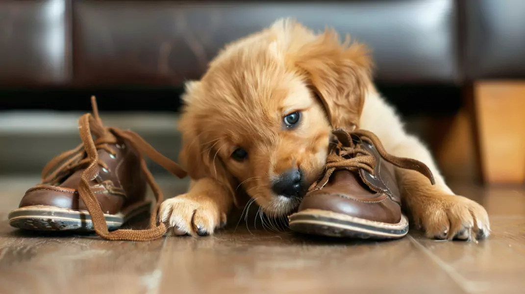 szczeniak golden retrievera gryzie buty