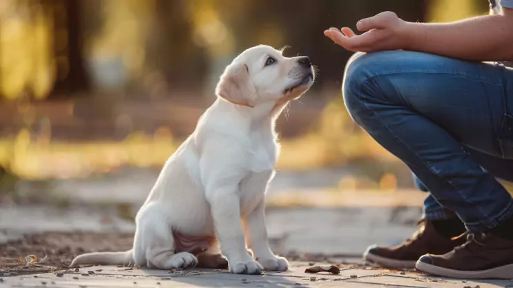 szczeniak labradora uczy się posłuszeństwa