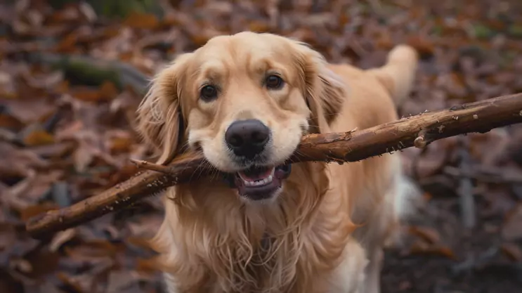 golden retriever aportuje patyk w parku