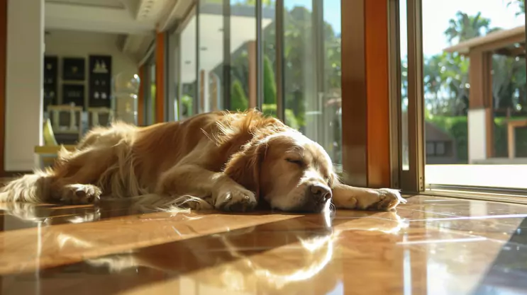 golden retriever śpi w dużym domu