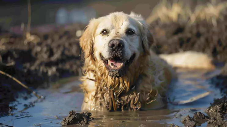 golden retriever w kałuży