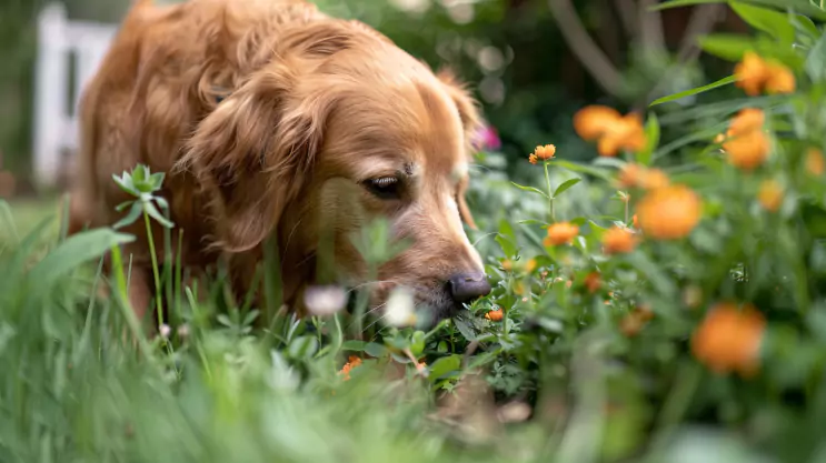 golden retriever wącha w ogrodzie