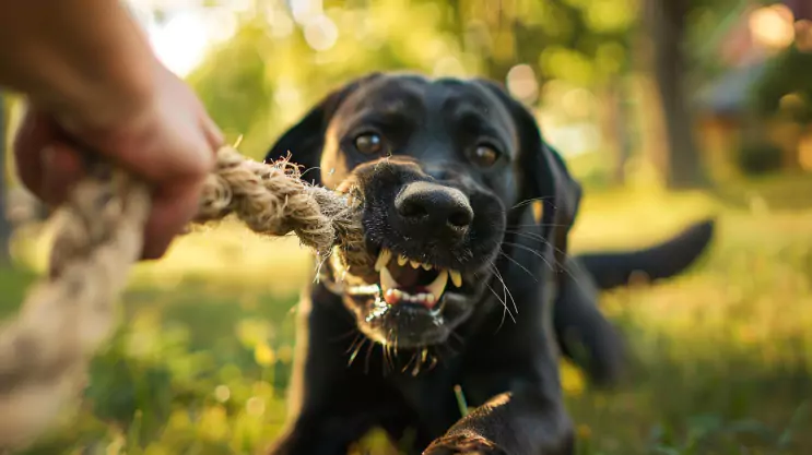 Labrador gra w tug of war