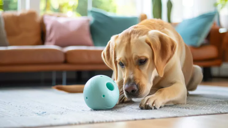 labrador z zabawką interaktywną