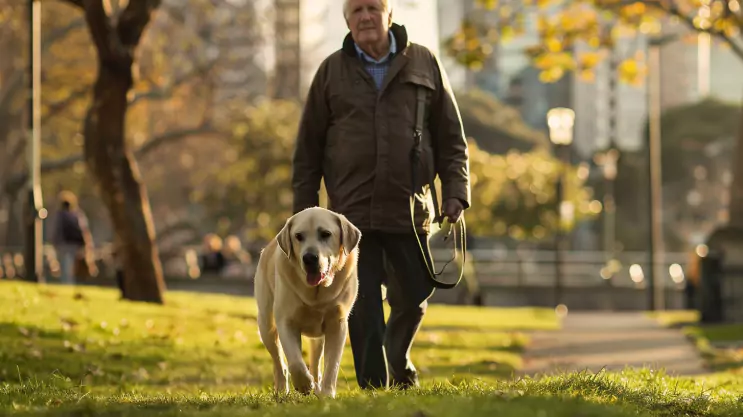 starszy Labrador retriever na spacerze w parku