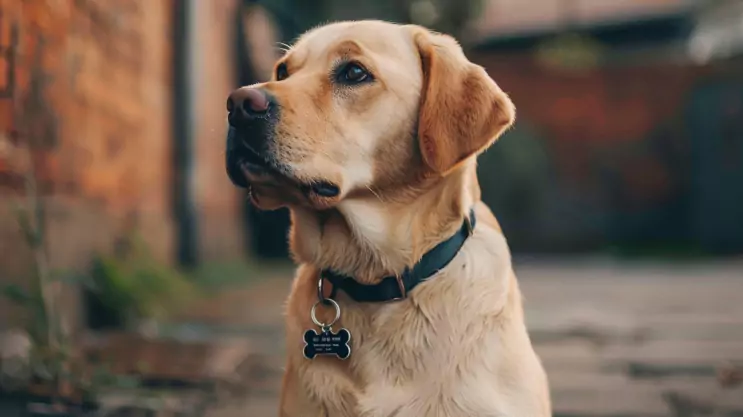 labrador z obroża i zawieszką z imieniem i numerem telefonu właściciela