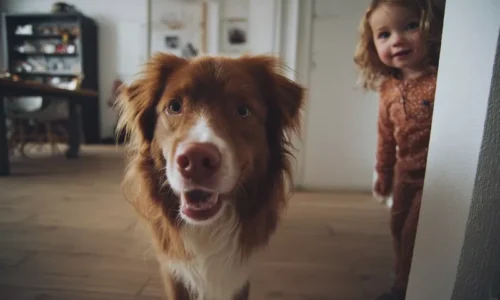 Toller z dzieckiem w tle w pokoju