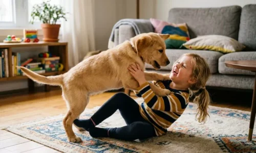 Szczeniak labradora skacze i drapie dzieci