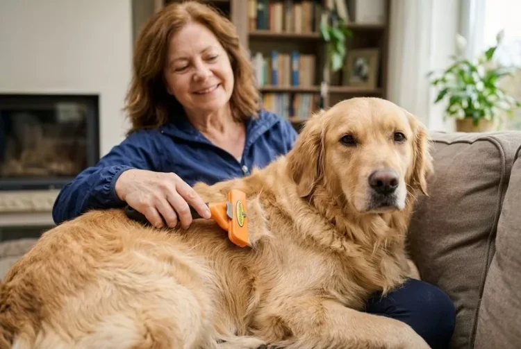 golden retriever czesany przez swojego opiekuna