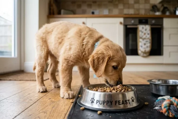 łapczywe jedzenie szczeniaka golden retrievera w kuchni