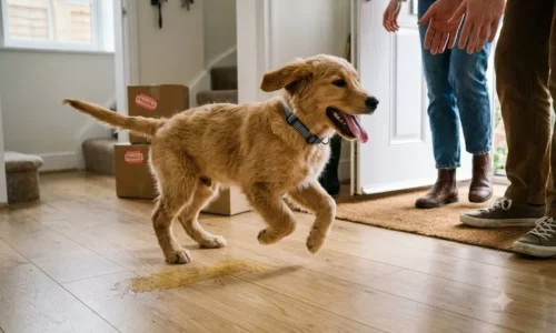 Szczeniak golden retrievera sika z ekscytacji przy powitaniu