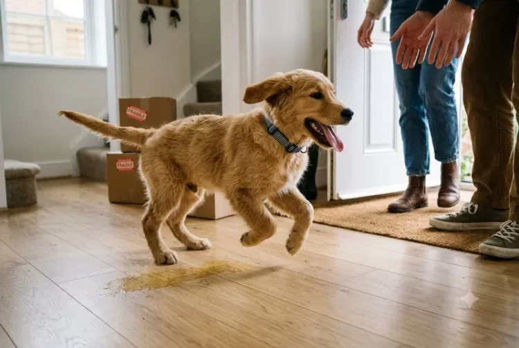 Szczeniak golden retrievera sika z ekscytacji przy powitaniu